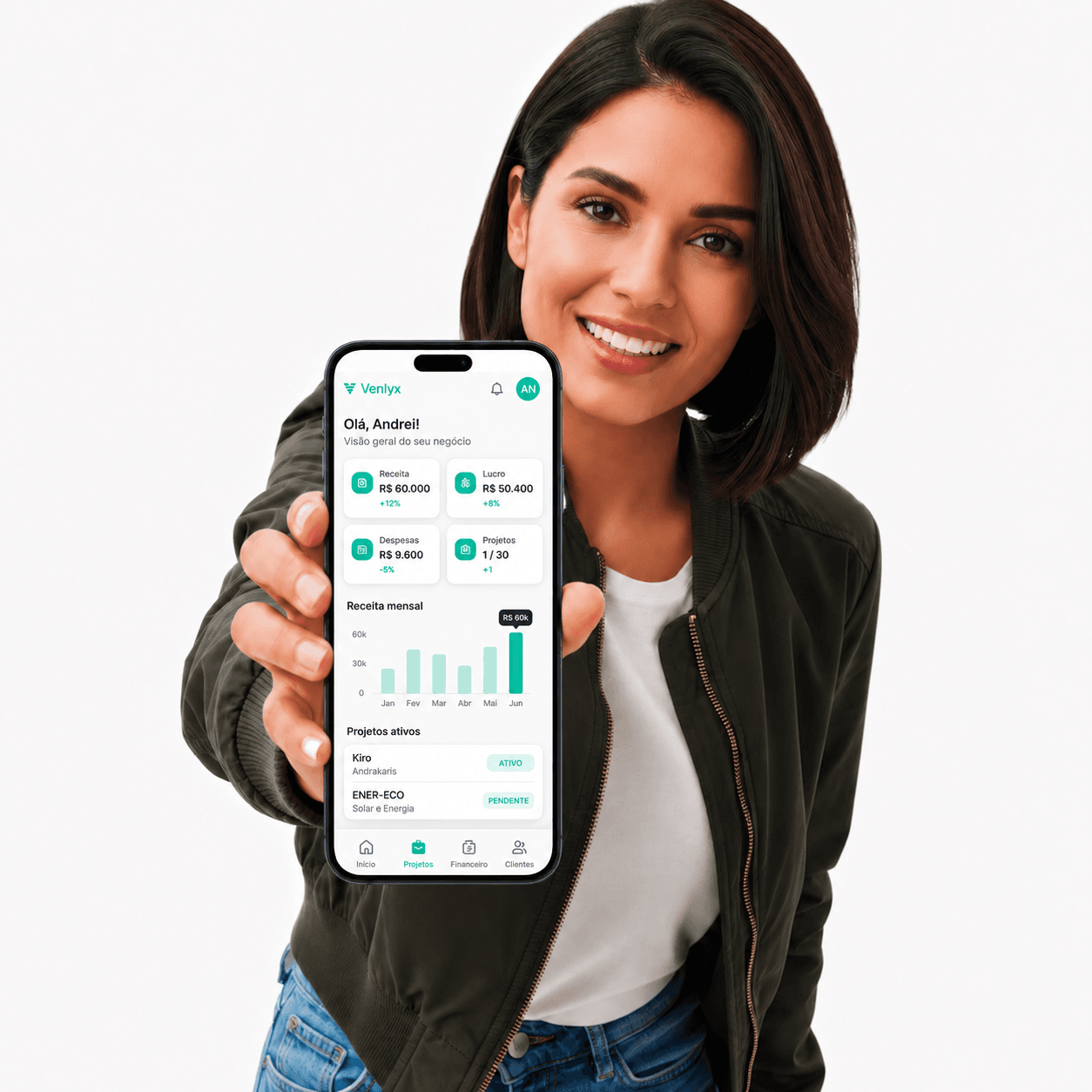 Pessoa segurando smartphone com o app Venlyx aberto